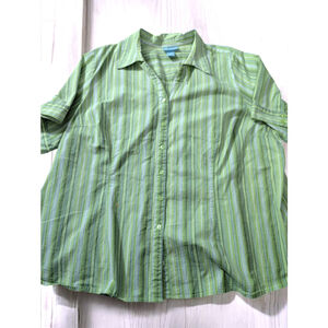 Liz & Me Blouse Plus Size 24W Top Green Stripe Button Front Cotton Blend Stretch